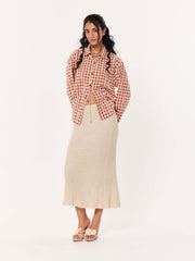 Brick Red Embroidered Gingham Cropped Shirt